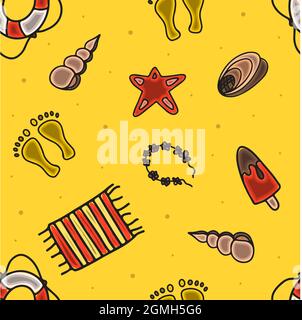 Nahtloses Sommermuster. Handzeichzubehör für Strandurlaub am Meer. Doodle Illustration für Anzeigen, Web, Flyer und Banner. Satz von gezeichnet von Stock Vektor