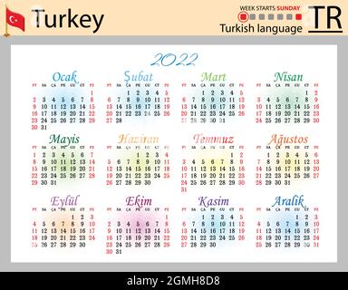Türkischer horizontaler Taschenkalender für 2022 (zweitausend zweiundzwanzig). Die Woche beginnt am Sonntag. Neues Jahr. Farbe einfaches Design. Vektor Stock Vektor