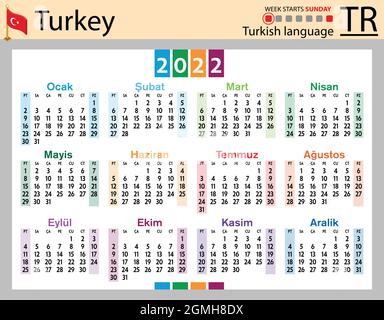Türkischer horizontaler Taschenkalender für 2022 (zweitausend zweiundzwanzig). Die Woche beginnt am Sonntag. Neues Jahr. Farbe einfaches Design. Vektor Stock Vektor