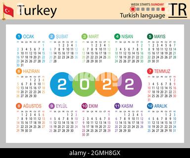 Türkischer horizontaler Taschenkalender für 2022 (zweitausend zweiundzwanzig). Die Woche beginnt am Sonntag. Neues Jahr. Farbe einfaches Design. Vektor Stock Vektor