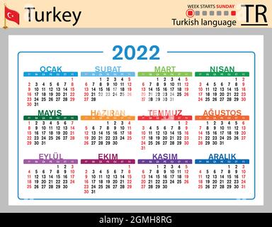 Türkischer horizontaler Taschenkalender für 2022 (zweitausend zweiundzwanzig). Die Woche beginnt am Sonntag. Neues Jahr. Farbe einfaches Design. Vektor Stock Vektor
