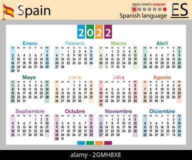 Spanischer horizontaler Taschenkalender für 2022 (zweitausend zweiundzwanzig). Die Woche beginnt am Sonntag. Neues Jahr. Farbe einfaches Design. Vektor Stock Vektor
