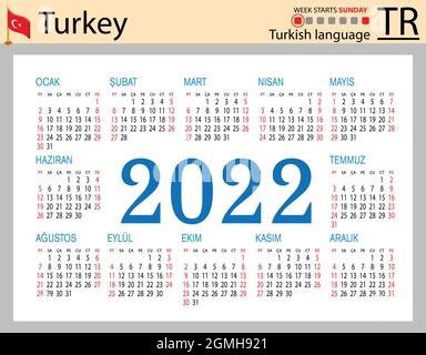 Türkischer horizontaler Taschenkalender für 2022 (zweitausend zweiundzwanzig). Die Woche beginnt am Sonntag. Neues Jahr. Farbe einfaches Design. Vektor Stock Vektor
