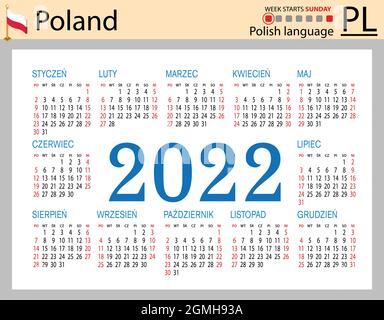 Polnischer horizontaler Taschenkalender für 2022 (zweitausend zweiundzwanzig). Die Woche beginnt am Sonntag. Neues Jahr. Farbe einfaches Design. Vektor Stock Vektor