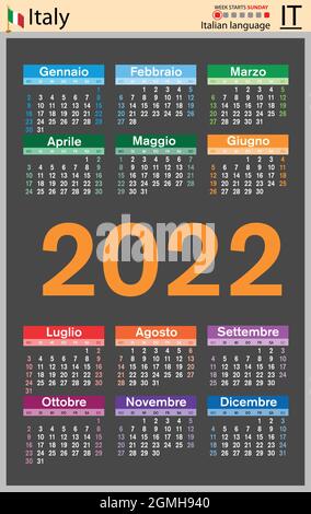 Italienischer vertikaler Taschenkalender für 2022 (zweitausend zweiundzwanzig). Die Woche beginnt am Sonntag. Neues Jahr. Farbe einfaches Design. Vektor Stock Vektor