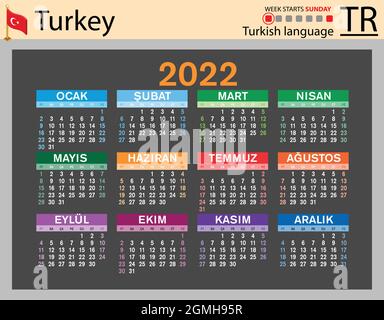 Türkischer horizontaler Taschenkalender für 2022 (zweitausend zweiundzwanzig). Die Woche beginnt am Sonntag. Neues Jahr. Farbe einfaches Design. Vektor Stock Vektor
