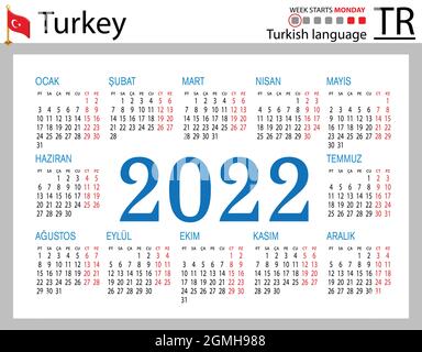 Türkischer horizontaler Taschenkalender für 2022 (zweitausend zweiundzwanzig). Die Woche beginnt am Montag. Neues Jahr. Farbe einfaches Design. Vektor Stock Vektor