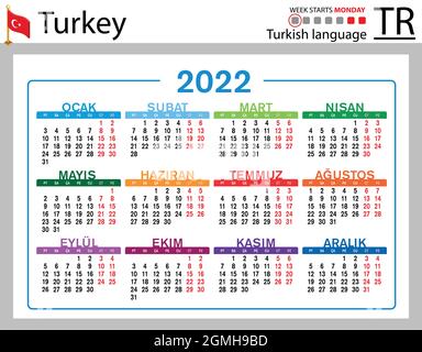 Türkischer horizontaler Taschenkalender für 2022 (zweitausend zweiundzwanzig). Die Woche beginnt am Montag. Neues Jahr. Farbe einfaches Design. Vektor Stock Vektor
