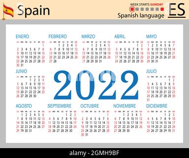 Spanischer horizontaler Taschenkalender für 2022 (zweitausend zweiundzwanzig). Die Woche beginnt am Sonntag. Neues Jahr. Farbe einfaches Design. Vektor Stock Vektor