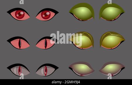 Set von Monster böse Augen, gruselig und grauenhaft, isoliert auf grauem Hintergrund, Vektor-Illustration Stock Vektor