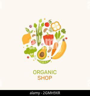Bio-Shop Banner mit Gemüse, Beeren, Obst Stock Vektor