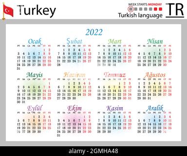 Türkischer horizontaler Taschenkalender für 2022 (zweitausend zweiundzwanzig). Die Woche beginnt am Montag. Neues Jahr. Farbe einfaches Design. Vektor Stock Vektor