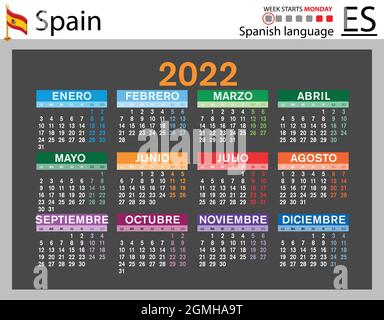 Spanischer horizontaler Taschenkalender für 2022 (zweitausend zweiundzwanzig). Die Woche beginnt am Montag. Neues Jahr. Farbe einfaches Design. Vektor Stock Vektor