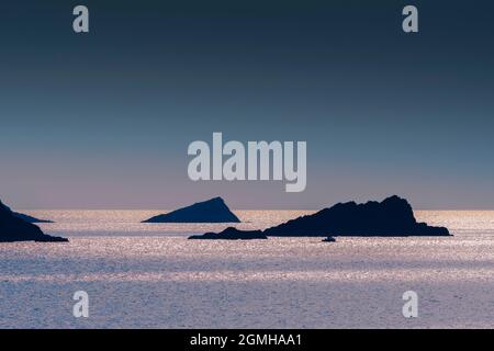 Abendlicht über dem gesamten Point East und den beiden felsigen Inseln Goose Rock und The Chick in Fistral Bay in Newquay in Cornwall. Stockfoto