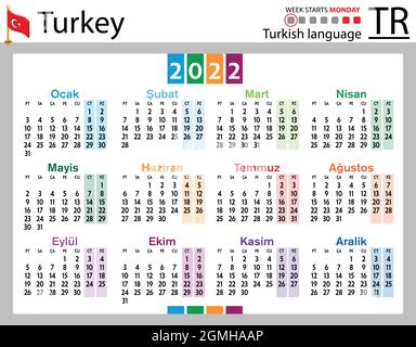 Türkischer horizontaler Taschenkalender für 2022 (zweitausend zweiundzwanzig). Die Woche beginnt am Montag. Neues Jahr. Farbe einfaches Design. Vektor Stock Vektor