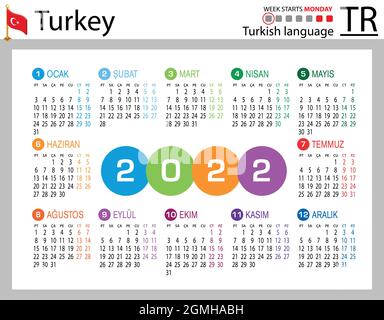 Türkischer horizontaler Taschenkalender für 2022 (zweitausend zweiundzwanzig). Die Woche beginnt am Montag. Neues Jahr. Farbe einfaches Design. Vektor Stock Vektor