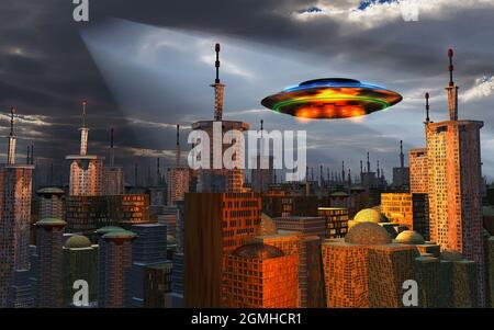 Eine fliegende Untertasse Fliegen über Einer Stadt Stockfoto