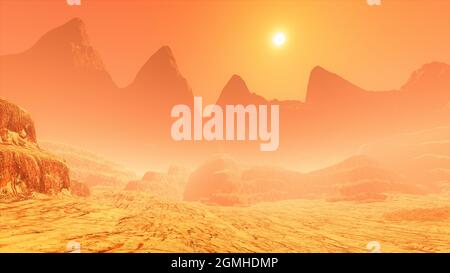 Mars-Landschaft Wüstenplanetengelände mit Sandsturm, Bergen und orangefarbenem Sonnenuntergangshimmel. Science-Fiction-3D-Illustration. Stockfoto