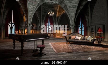 3D-Darstellung eines gotischen Gewölbe-Zimmers mit kleinem Flügel und Sofa im Inneren eines Schlosses oder Palastes. Stockfoto