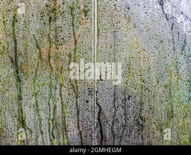 Nahaufnahme von Kondenswasser an Fensterwänden. Stockfoto