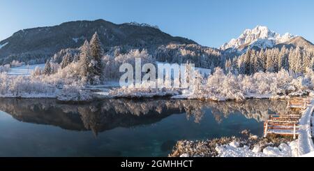 Kalter Wintermorgen am Zelenci-See in Kranjska Gora, Slowenien. Stockfoto