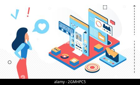 Geschäftsfrau, die mit abstraktem statistischem Dashboard arbeitet, um isometrische Vektordarstellung von Datendiagrammen zu analysieren. Cartoon 3d Datenbank Software Analyse Technologie isoliert auf weiß Stock Vektor