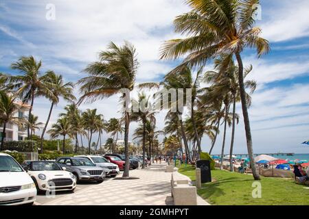 DEERFIELD BEACH FLORIDA, VEREINIGTE STAATEN - 31. Mai 2021: Eine wunderschöne Aussicht auf Palmen und Auto neben dem Atlantischen Ozean am Deerfield Beach, Florida Stockfoto