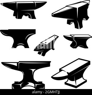 Set von Illustrationen von Schmied Amboss . Gestaltungselement für Logo, Etikett, Schild, Emblem, Plakat. Vektor-Illustration, Satz von Illustrationen von blacksmi Stock Vektor