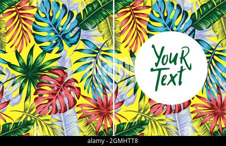 Muster und Hintergründe für Flyer oder Beiträge für soziale Netzwerke, exotische Hibiskusblüten und Palmblätter. Sommerlicher Blumendruck mit Pflanzen. Wal Stock Vektor