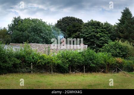 Rauchende Schornsteine eines Landhauses mit einem steingefliesten Dach in Herefordshire, England. Das Haus ist unter Bäumen versteckt Stockfoto