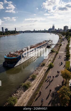 Kreuzfahrt-Schiff Amaprima auf dem Rhein, Blick auf den Dom, Köln, Deutschland. Kreuzfahrschiff Amaprima auf dem Rhein, Blick zum Dom, Köln, Deut Stockfoto