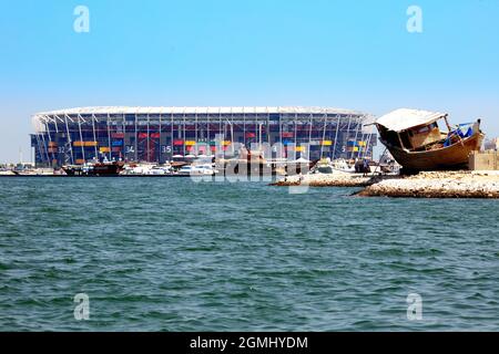 Stadium 974, früher bekannt als Ras Abu Aboud Stadium, ist ein Fußballstadion, das in Doha, Katar, für die FIFA-Weltmeisterschaft 2022 gebaut wird. Stockfoto