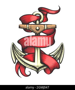 Bunte Tattoo von Golden Anchor mit rotem Band. Vektorgrafik. Stock Vektor