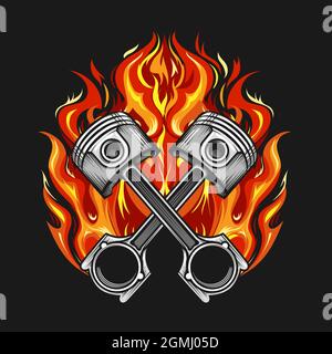 Zwei gekreuzte Kolben brennen in Flammen auf schwarzem Hintergrund. Biker-Club-Emblem. Vektorilustration. Stock Vektor