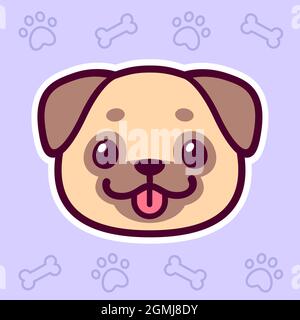 Cute Cartoon Mops Gesichtszeichnung auf lila Hintergrund mit Pfote und Knochen-Muster. Kawaii-Hundeportrait lächelt mit der Zunge heraus. Vektorgrafik Clip Art illustrative Stock Vektor