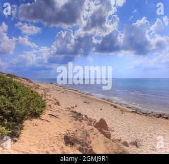 Die schönsten Strände Italiens: Der Dünenpark Campomarino in Apulien, Italien.das Schutzgebiet erstreckt sich entlang der gesamten Küste der Stadt Maruggio. Stockfoto