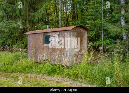 Alte Holzbauauflieger am Waldrand Stockfoto