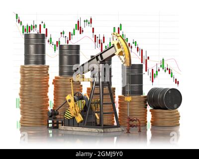 Ölfässer auf Stapel von goldenen Münzen und Ölpumpenheber mit Marktpreistabelle. Rückgang der Öllagerpreise und Förderung des Ölkonzepts. 3d-Grafik Stockfoto