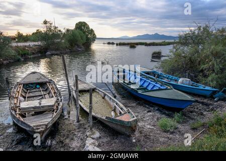 Traditionelle Fischerboote aus Ambrakien auf der kleinen Insel und dem Umweltpark von Salaora, im Golf von Ambrakian, Gemeinde Arta, Epirus, Griechenland. Stockfoto