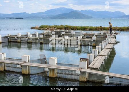 Eine Fischfalle auf dem Damm nach Koronisia im Golf von Ambracian, Gemeinde Arta, Epirus, Griechenland. Stockfoto