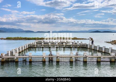 Eine Fischfalle auf dem Damm nach Koronisia im Golf von Ambracian, Gemeinde Arta, Epirus, Griechenland. Stockfoto