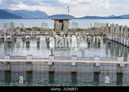 Eine Fischfalle auf dem Damm nach Koronisia im Golf von Ambracian, Gemeinde Arta, Epirus, Griechenland. Stockfoto