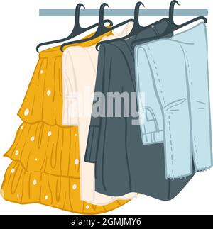 Kleidung, Hosen und Röcke, Pfannen auf dem Gestell Stock Vektor