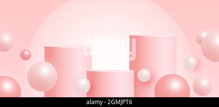 Leeres rosa Podium, Podest oder Plattform mit volumetrischen Kugelformen auf rosa Hintergrund. Minimale Szene mit geometrischen Formen für die Produktpräsentation Stock Vektor