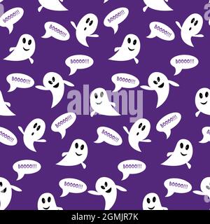 Muster mit Geistern auf violettem Hintergrund mit Text. Vektor-Illustration für halloween. Stock Vektor