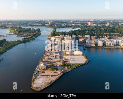 Luftaufnahme der Baustelle auf der Cruquius Insel in Amsterdam Stockfoto