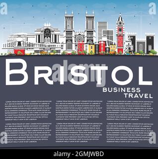 Skyline von Bristol UK mit farbigen Gebäuden, blauem Himmel und Kopierbereich. Vektorgrafik. Bristol England Stadtbild mit Wahrzeichen. Geschäftsreisen. Stock Vektor