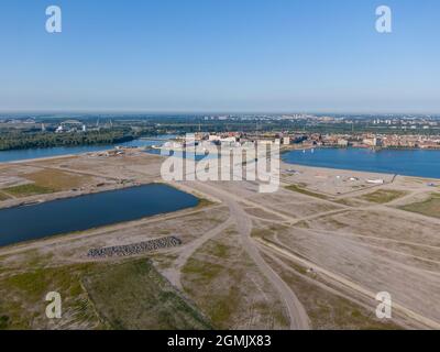 Luftaufnahme der neuen künstlichen Inseln in der Nähe des Wohnviertels IJburg in Amsterdam Stockfoto