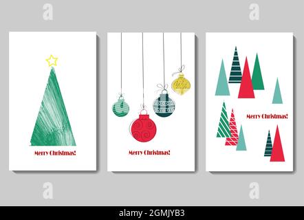 Set von Kartenvorlagen für Weihnachten und Neujahr. Vektorgrafik mit Text. Stock Vektor