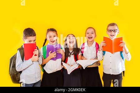 Fröhliche Schulkinder stehen mit bunten Büchern isoliert auf gelbem Hintergrund. Kinder verstecken sich hinter Büchern Stockfoto